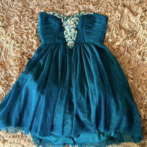 Strapless Sparkly Teal Homecoming Dress - Picture 2 of 10
